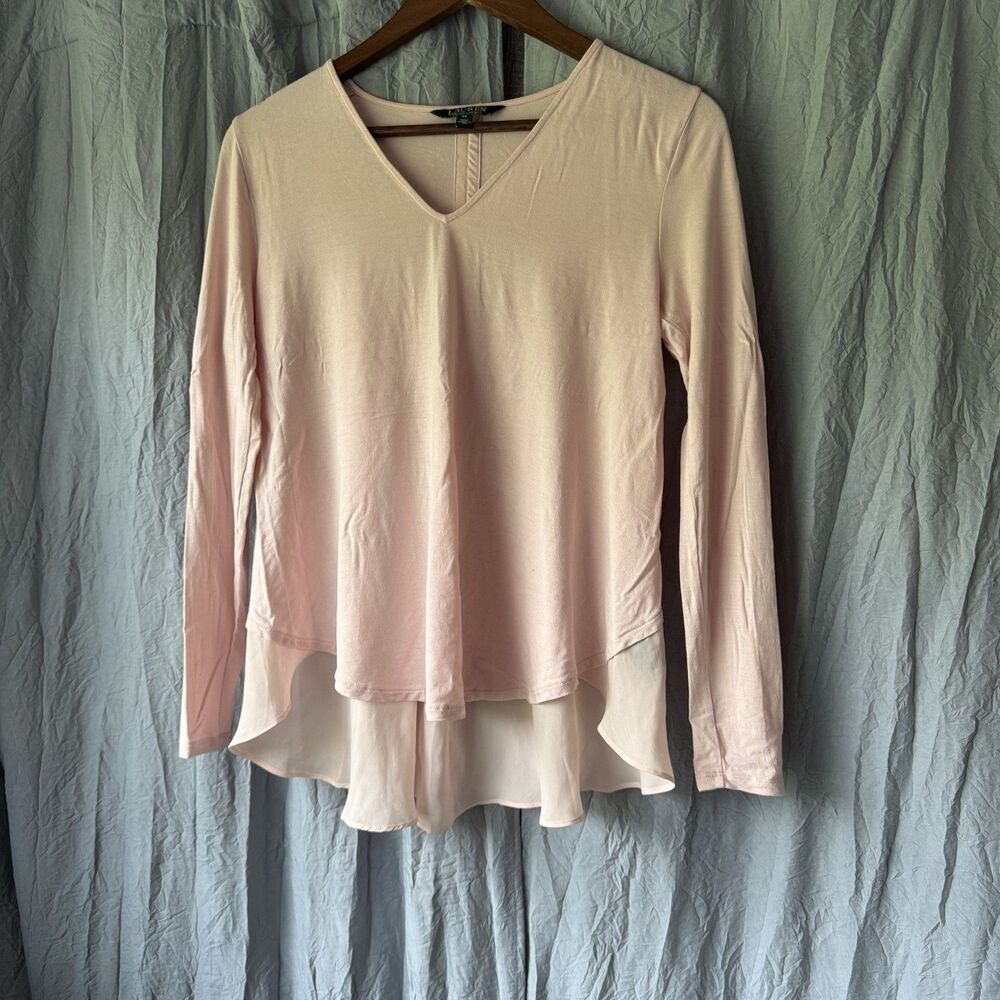 Lauren Ralph Lauren Top PS Pink Long Sleeve VNeck Layered Chiffon Hem split back
